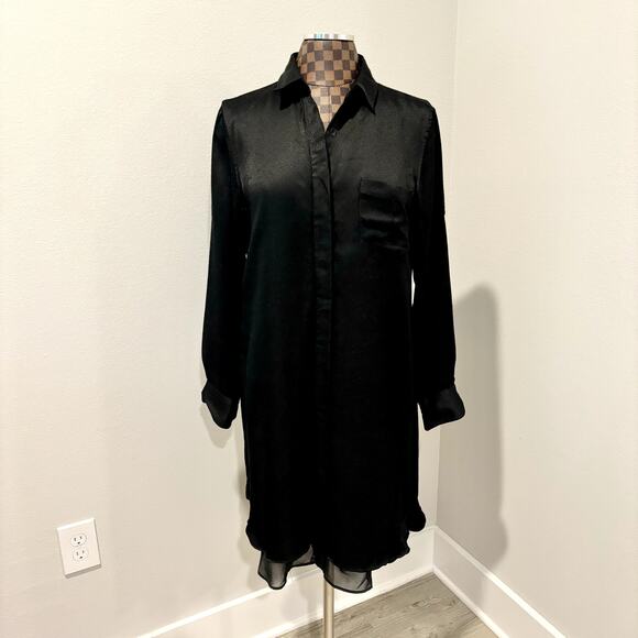 Rag & Bone Shirt Dress Black Sz 8 Midi Roll-Tab Sleeves Layered Tunic Minimalist - Picture 2 of 9